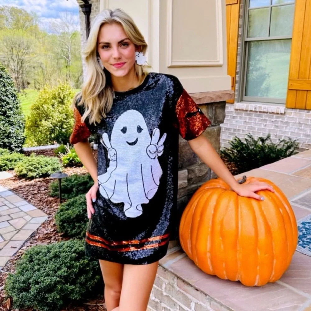 Simply Southern Sequin Ghost Halloween Dress Size M Black Orange - Picture 2 of 8